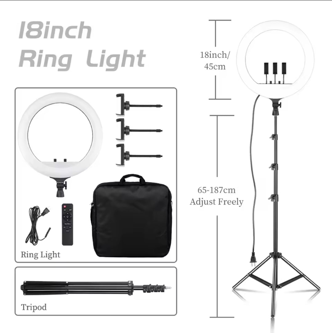 💡 Aro Selfie Profesional de 45 CM (18") | 3 Tonos, Maletín, Control y 3 soportes de Celular