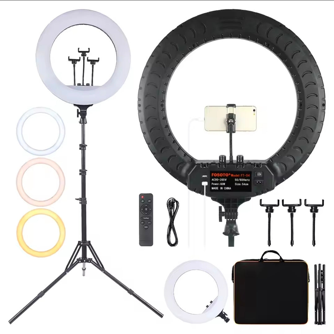 💡 Aro Selfie Profesional de 54 CM (21") | 3 Tonos, Maletín, Control y 3 soportes de Celular