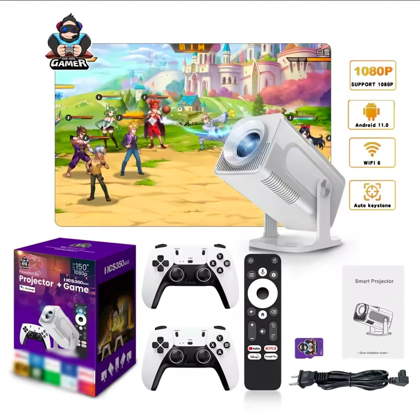 🎥 PROYECTOR PORTÁTIL HCS350MAX | 1080P Android 11 + Control x Voz y 2 Mandos 🎮